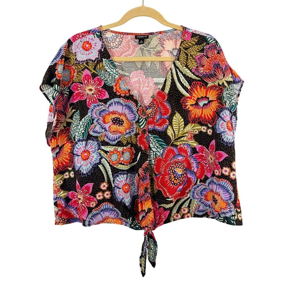 Torrid Black Brown Pink Multicolor Tie‎ Front Boxy Fit Top Boho - Size 0X